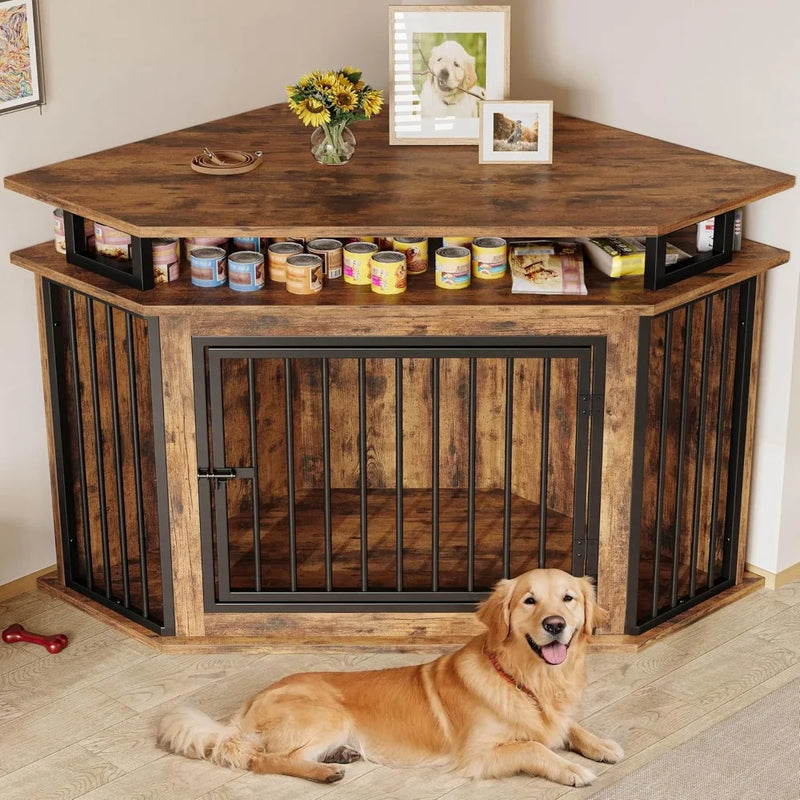 51" Corner Wooden Dog Crate Furniture - 2-Tier Shelves