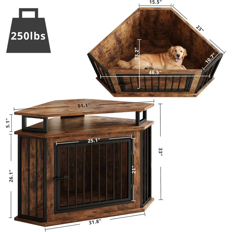 51" Corner Wooden Dog Crate Furniture - 2-Tier Shelves