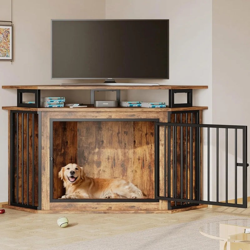 51" Corner Wooden Dog Crate Furniture - 2-Tier Shelves