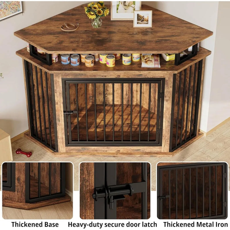 51" Corner Wooden Dog Crate Furniture - 2-Tier Shelves