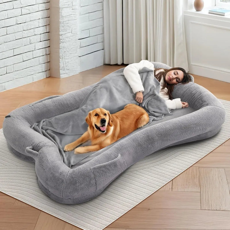 Extra Large Human Dog Bed - 72"×48"×10" with Blanket & Side Pocket