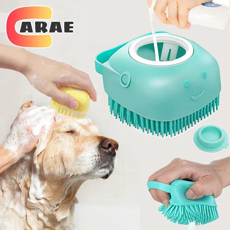 Dog Bathing Brush Pet Massage Brush with Shampoo Dispenser