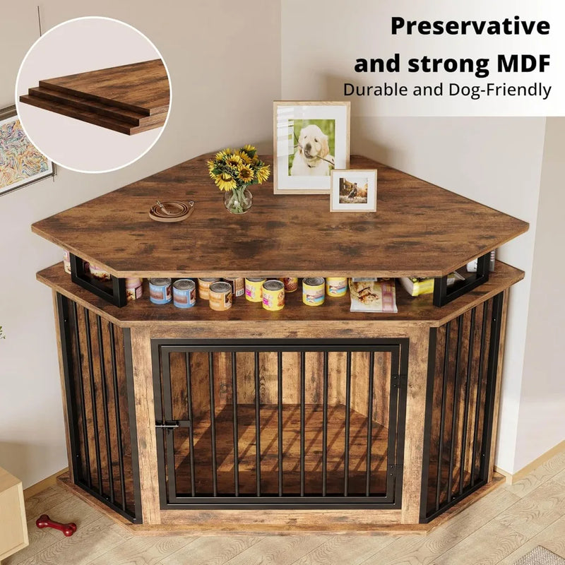 51" Corner Wooden Dog Crate Furniture - 2-Tier Shelves